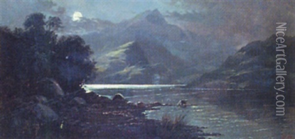 Moonlight Lake View Oil Painting - Edgar Longstaffe