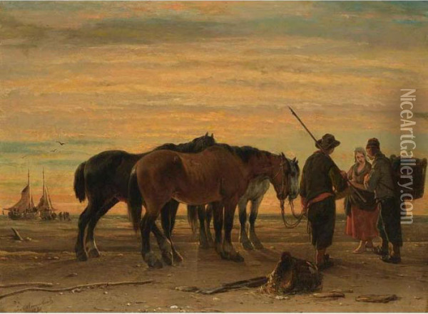 Fishermen With Their Horses On The Beach Oil Painting - Jozef Jodocus Moerenhout