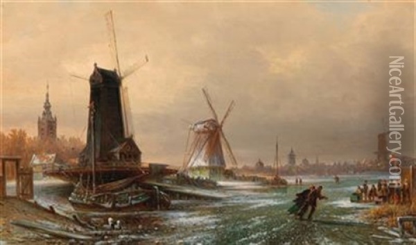 Dutch Sawmill, Water Mill And Flour Mill, Near Amsterdam Oil Painting - Elias Pieter van Bommel