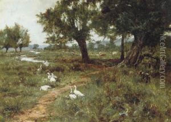 Geese And Cattle Beside A Stream Oil Painting - Edward Wilkins Waite