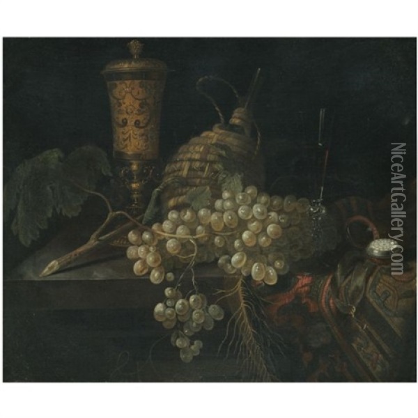 A Still Life With A Golden Goblet, A Flagon Of Wine, A Pocket Watch, A Bunch Of Grapes Laid Out On A Stone Ledge Partly Draped With A Carpet Oil Painting - Pieter Gerritsz van Roestraten