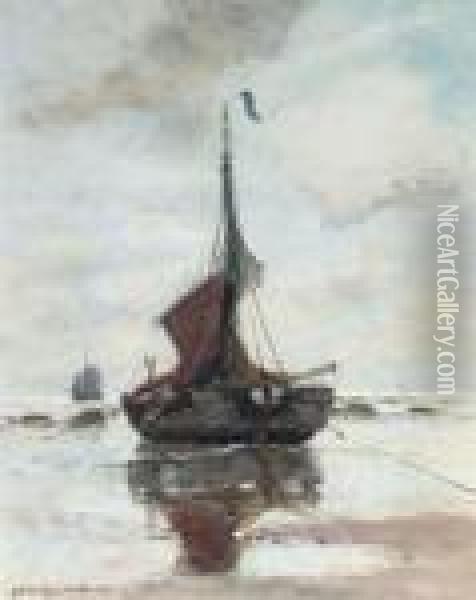 A Fishing Vessel On The Beach Of Katwijk Oil Painting - Gerhard Arij Ludwig Morgenstje Munthe
