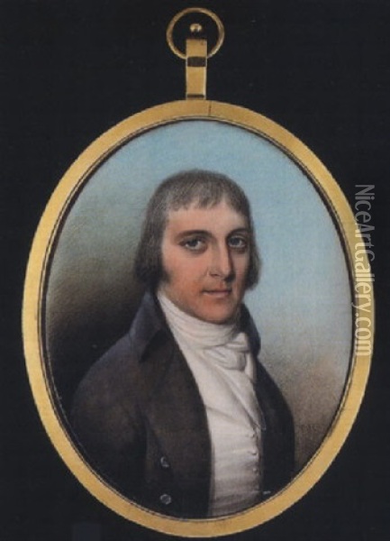 A Gentleman Wearing Slate-grey Coat, White Waistcoat And Cravat, His Hair Powdered Oil Painting - Thomas Hazlehurst