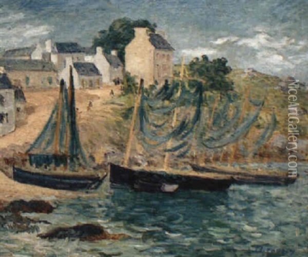 Barques Sardinieres A Port Manech Oil Painting - Emile Alfred Dezaunay