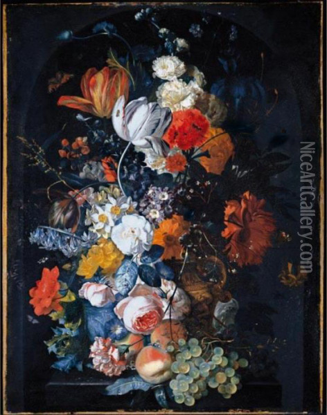 A Still Life Of Tulips, 
Hollyhocks, Maltese Cross, An Iris, Narcissi, Auricula, An Opium Poppy, 
Marigolds, Apple Blossom, A Carnation And Other Flowers In A Terracotta 
Urn With Grapes And Peaches On A Stone Pedestal In A Niche With A 
Peacock Butte Oil Painting - Jan Van Huysum