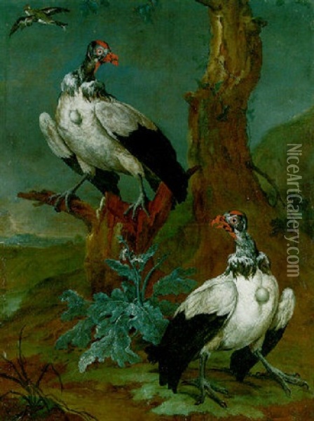 Two Vultures By A Tree In An Extensive Landscape And Another Bird In Flight Oil Painting - Philipp Ferdinand de Hamilton