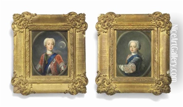 A Pair Of Miniatures: Prince Charles Edward Stuart (1720-1788), Known As Bonnie Prince Charlie Or The Young Pretender, Wearing The Blue Sash And Breast-star Of The Order Of The Garter And The Green Ribbon And Badge Of The Order Of The Thistle; Together Wi Oil Painting - Antonio David