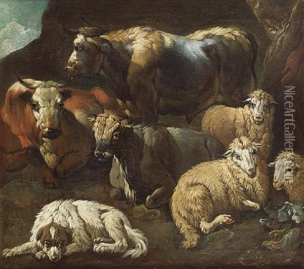 Cattle And Sheep With A Sheepdog Resting In A Rocky Landscape Oil Painting - Jacob (Rosa di Napoli) Roos