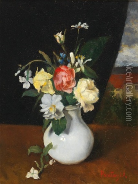 Small Bouquet Of Flowers In A Porcelain Vase Oil Painting - Pericles Pantazis