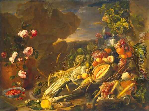 Fruit and a Vase of Flowers Oil Painting - Jan Davidsz. De Heem
