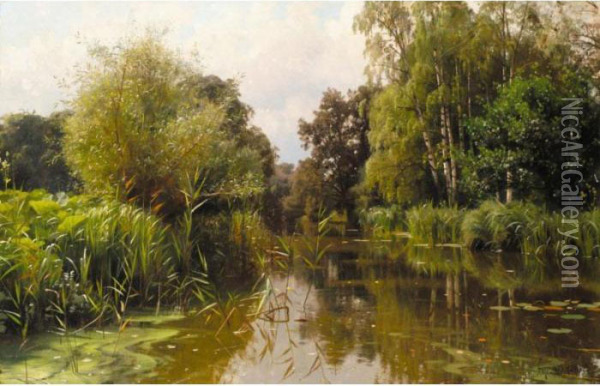 Ved Vandlobet, Sommer (a River In High Summer) Oil Painting - Peder Mork Monsted