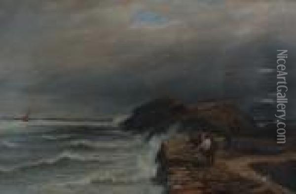 Figures On A Harbour Jetty Looking Out To A Stormy Sea Oil Painting - Charles Thomas Burt