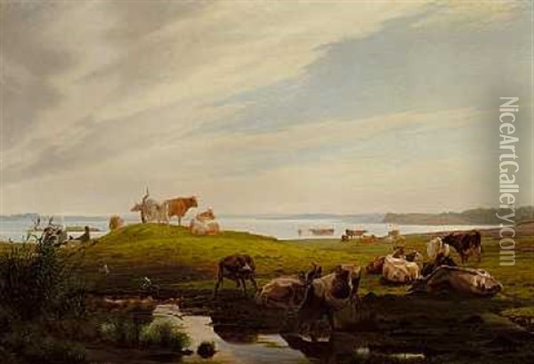 Graessende Koer Ved Fjorden Oil Painting - Adolf Heinrich Mackeprang