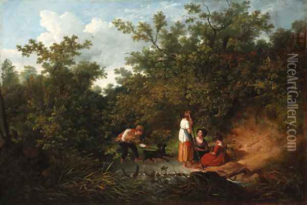 Children playing by a pond in a wood Oil Painting - Irish School