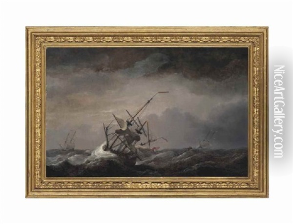 A Dismasted English Ship At Sea Driven Before A Gale, Her Headsails Aback, With Other Ships In A Heavy Sea Oil Painting - Charles Brooking