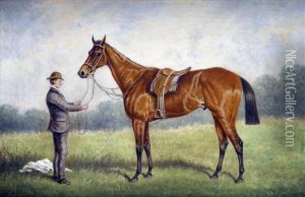 Portrait Ofa Saddled Bay Racehorse, With Groom Oil Painting - William Eddowes Turner
