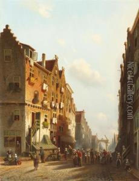 Street Scene. Oil Painting - Johannes Franciscus Spohler