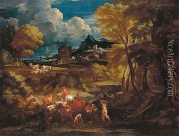 An Italianate Landscape With Herdsmen Crossing A Stream Oil Painting - Pieter Mulier the Younger