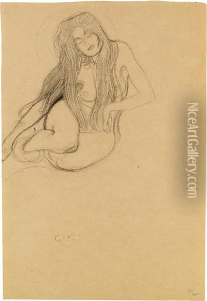 Seated Female Nude
 Sketch For Oil Painting - Gustav Klimt