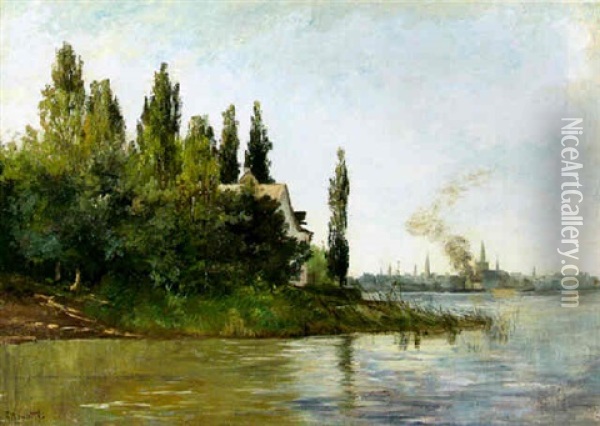 River Scene With A Country House And Distant Dutch Village Oil Painting - Alessandro Vanotti