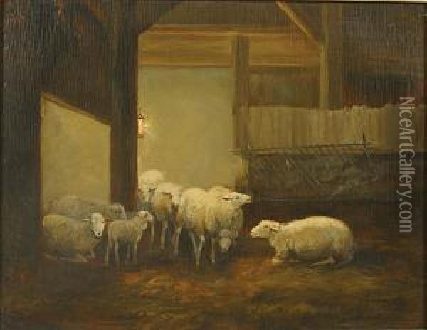 Schapen In De Stal. Oil Painting - Jean-Baptiste Van Leemputten