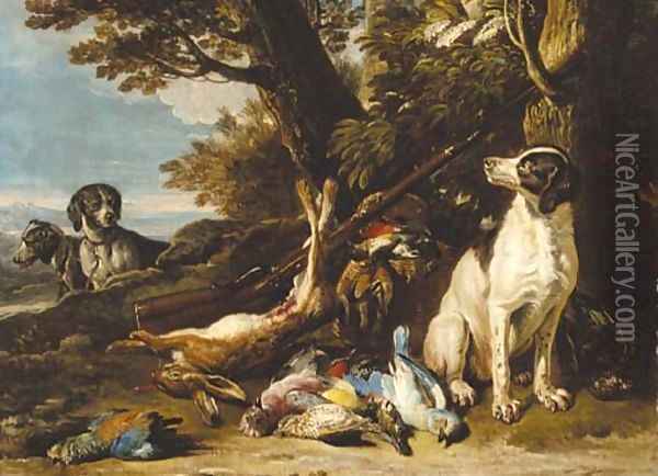 Hounds with dead game and a rifle in a landscape Oil Painting - David de Coninck