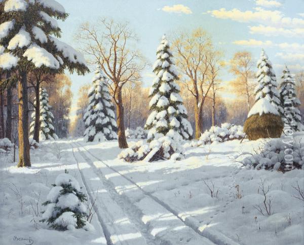 Track Through The Snow Oil Painting - Boris Vasilievich Bessonov
