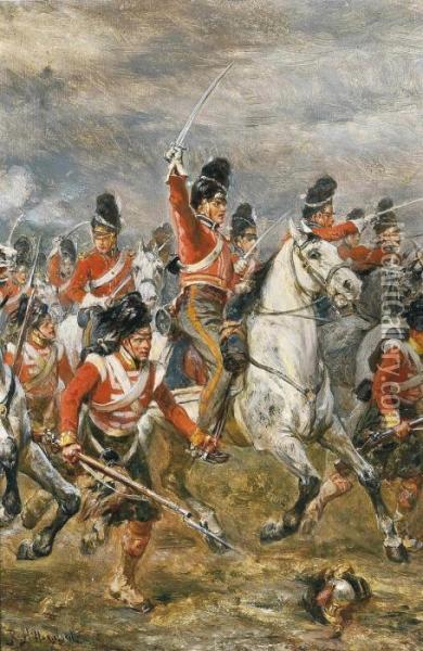 The Charge Of The Royal Scots Greys At Waterloo, Supported By A Highland Regiment Oil Painting - Robert Alexander Hillingford
