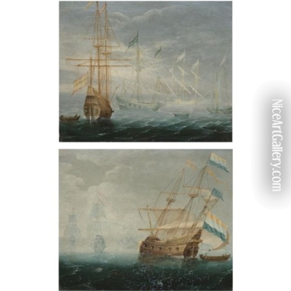 Dutch And Spanish Ships On Calm Seas (pair) Oil Painting - Aert van Antum
