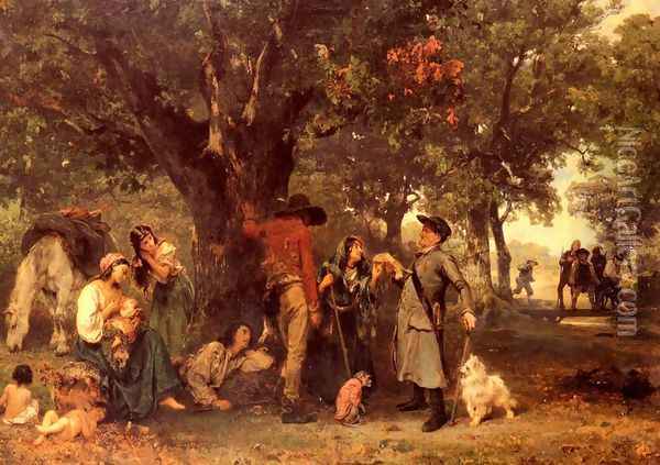 Zigeuner Im Walde, Vom Ortsschulzen Uber Ihre Legitimation Ausgefragt (Gypsies in the Forest) Oil Painting - Ludwig Knaus