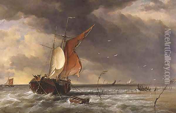 A Dutch Galliot aground on a sandbank on the Bies Bosch, 1878 Oil Painting - Edward William Cooke