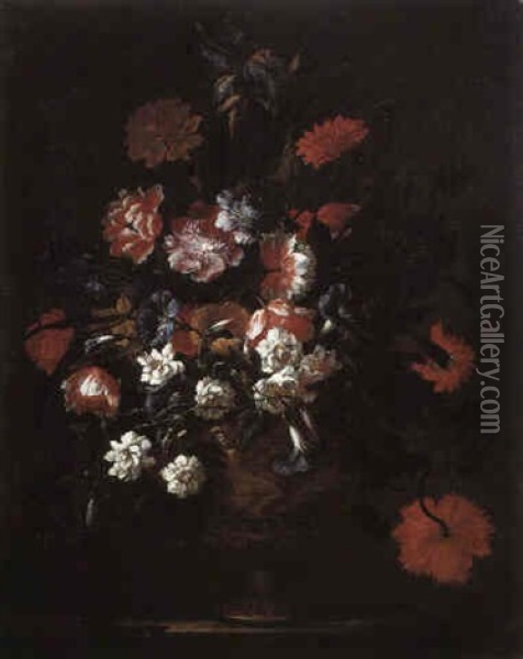 Poppies And Other Flowers In A Vase On A Stone Ledge Oil Painting - Mario Nuzzi