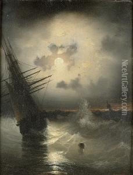 Ships At Sea By Moonlight Oil Painting - Ivan Konstantinovich Aivazovsky