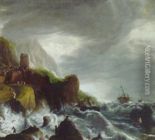 A Storm At Sea With Survivors From A Shipwreck On A Rocky Coastline, A Fortified Town Beyond Oil Painting - Jan Peeters the Elder