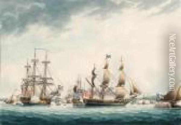 Ships Of The Line
Signed 't Buttersworth 95' (lower Left) Oil Painting - Thomas Buttersworth