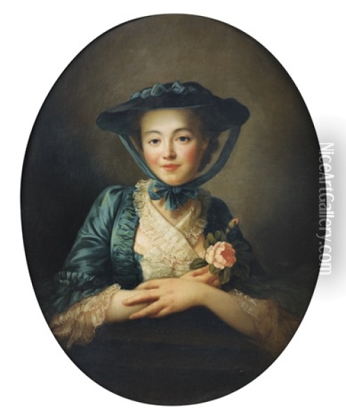 Portrait De Jeune Fille A La Rose Oil Painting - Francois Hubert Drouais