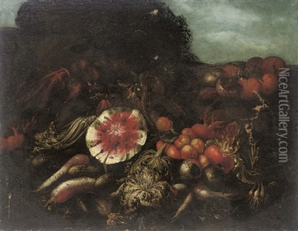 A Watermelon, Cabbages, Radishes, Peaches And Other Fruits And Vegetables, In A Landscape Oil Painting - Abraham Brueghel
