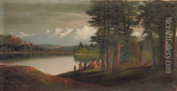 Village Indien Anime Sur Une Rive Du Lac Tahoe Oil Painting - John Englehart