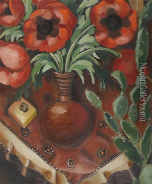 La Vase De Pavots Et Le Cactus Sur La Table Oil Painting - Andre Julien Prina
