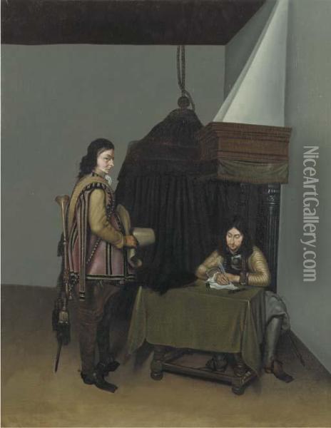Two Officers In A Guardroom Oil Painting - Gerard Terborch