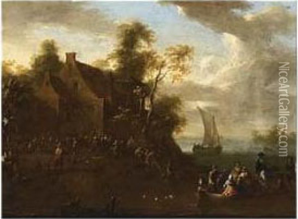 A River Scene With Peasants Returning In A Ferry From A Oil Painting - Franz Ferg