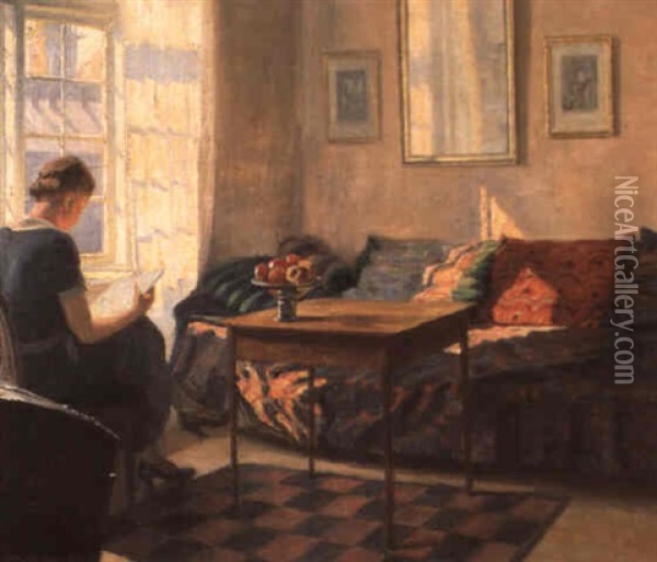A Woman Reading At A Window Oil Painting - Robert Panitzsch