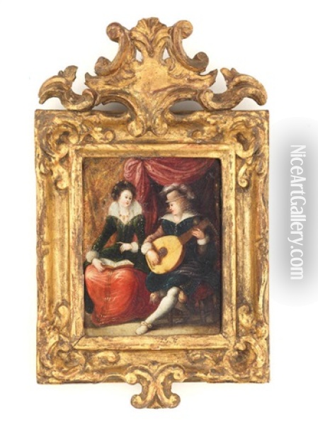 Two Of The Five Senses: Elegant Figures Embracing; And An Elegant Couple Making Music (2) Oil Painting - Louis de Caullery