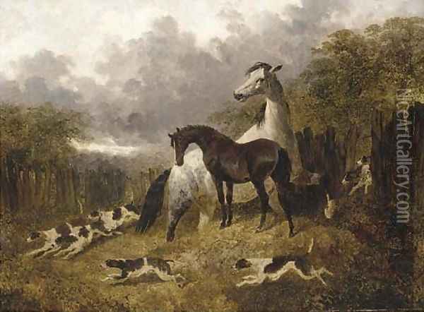 A mare and foal with a pack of hounds Oil Painting - John Frederick Herring Snr