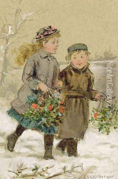 Children Playing in the Snow Collecting Holly Oil Painting - George Goodwin Kilburne