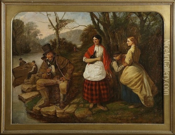 A Welcome Rest, Figures By A Lake At The Edge Of A Wood Killarney Oil Painting - Charles Henry Cook