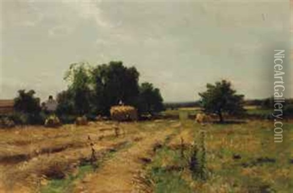 Summer Landscape With Figures Haying Oil Painting - Bruce Crane