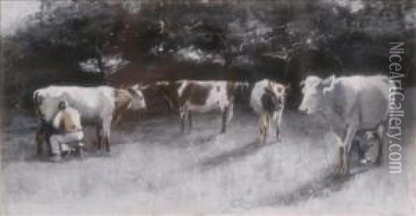 Cattle At Milking Time Oil Painting - Harry Filder