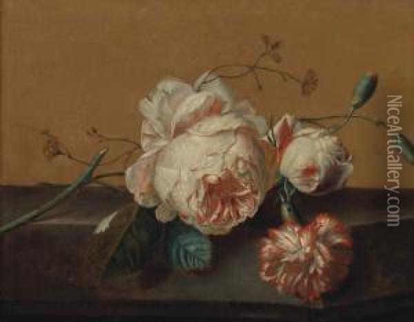 Flourishing Pink Roses And Rosebuds On A Stone Ledge Oil Painting - Jan Van Huysum