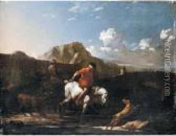 A Southern Landscape With A Boy Fording A Stream On A Grey Pony Oil Painting - Karel Dujardin